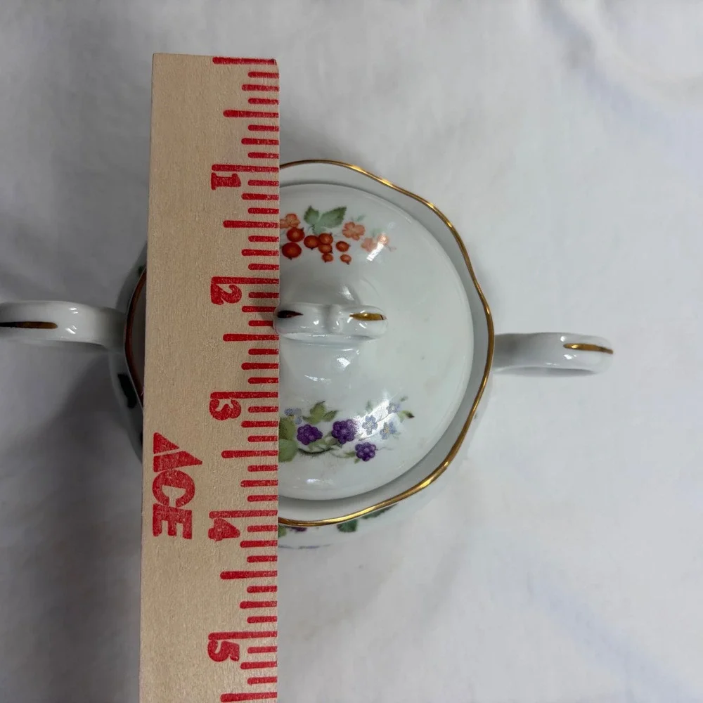 Karolina Poland Porcelain Sugar Bowl and Creamer Set Fruit Floral Gold Trim